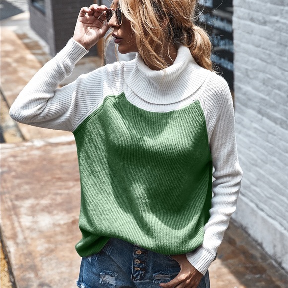🍁🆕Olive Green & White Turtle Neck Sweater - Picture 2 of 7